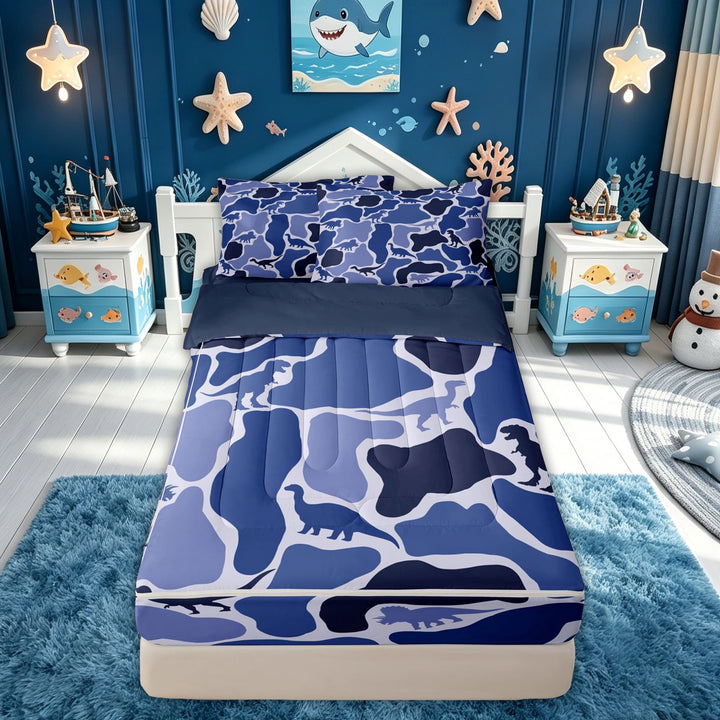 meiyoeat Navy Camouflage Dinosaur Zipper Comforter Set with Fitted Sheet and 2 Pillowcases for Boys Girls Kids, Rustic Camouflage Animal Zipper Bedding Set, Blue, Blue Reversible, 3pcs