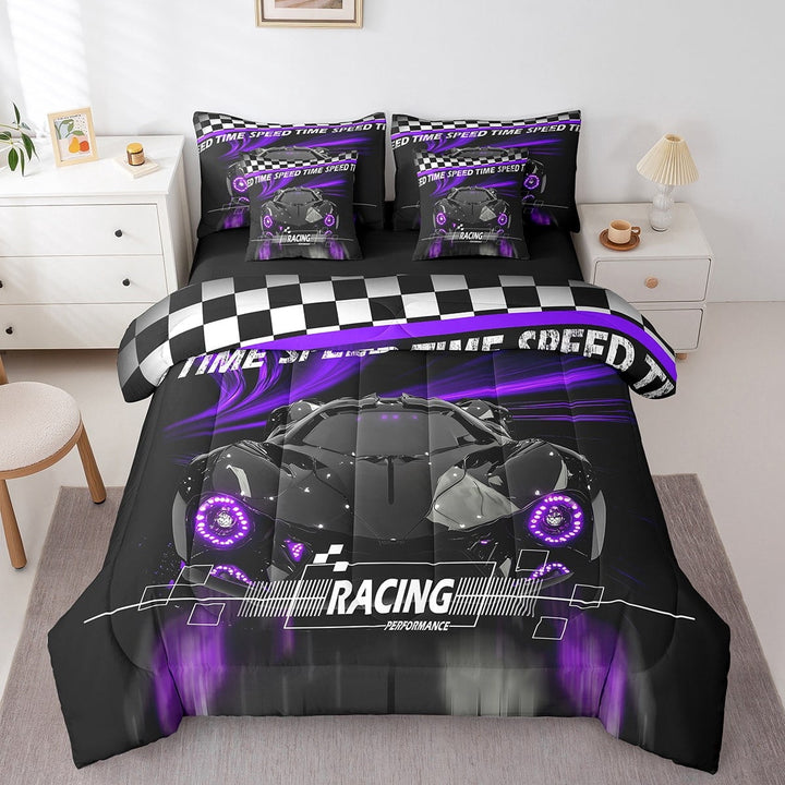 Erosebridal Sport Car Bedding Sets Twin Size,Buffalo Plaid Comforter Sets with Sheets,Extreme Sport Bed in a Bag Twin size,Microfiber Car Room Decorative,Reversible,7pcs