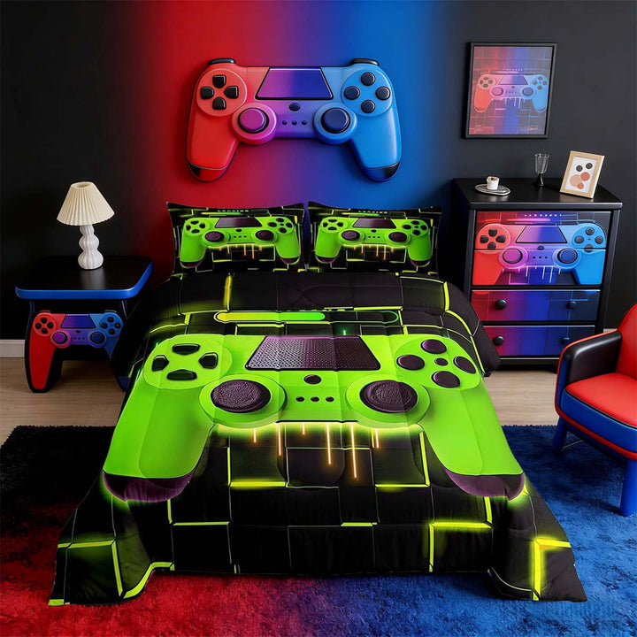 Yellow Gaming Full Size Comforter Sets - Gamer Comforter Full Size Bedding Set, Neon Lights Abstract Geometry Design Gamer Room Decor