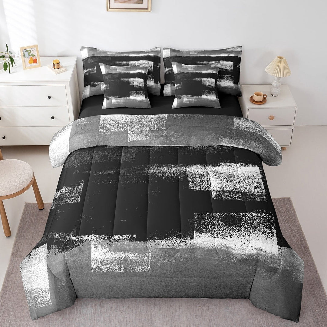 Erosebridal Abstract Comforter Set Full 7 Piece Black White Dark Grey Ombre Bedding Set Teen Adults Men Grunge Oil Painting Bed In A Bag Watercolor Graffiti Bed Set Reversible Black