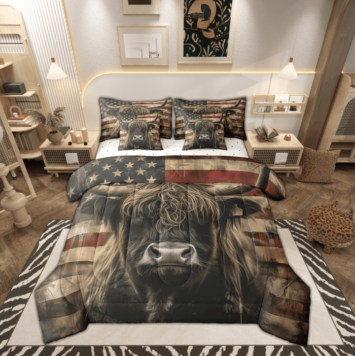 3D Bull Bed in a Bag 7-Piece Highland Cow Printed Queen Size Comforter Set,Rustic American Flag Bed Sheets Set Western Animal Bedding Sets Geometric Stripe Bed Set Room Decor
