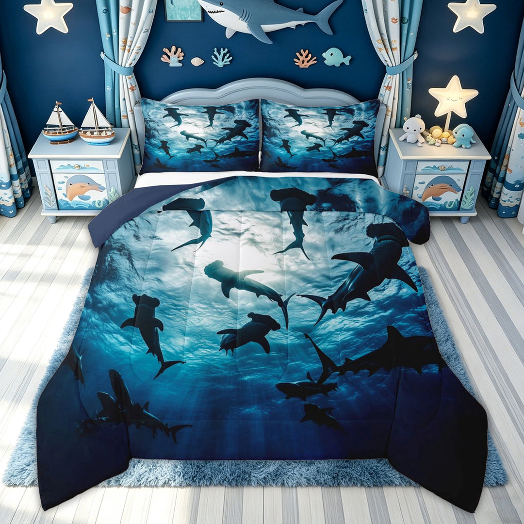 meiyoeat Cartoon Ocean Shark Full Size Comforter Sets for Boys, Moonlight Undersea Animal Bedding Comforter Set, Dark Blue, Blue Reversible, 3-Piece, 1 Comforter and 2 Pillowcases