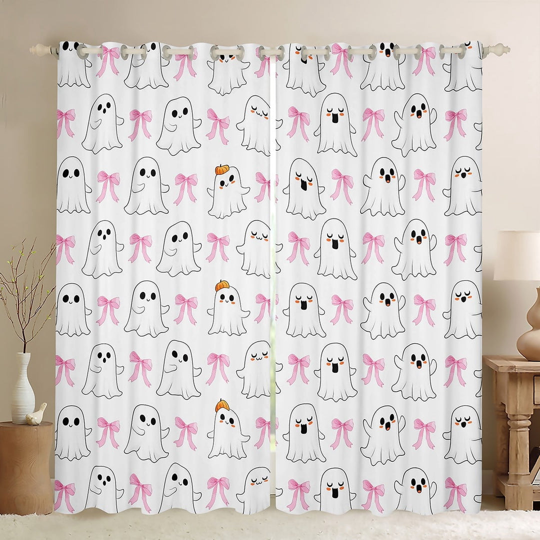 jejeloiu Funny Halloween Ghost Blackout Curtains Set of 2 (52x84 Each),Cartoon Bowtie Bow Window Curtains,Pink White Curtains and Drapes For Girl,Microfiber Room Decor