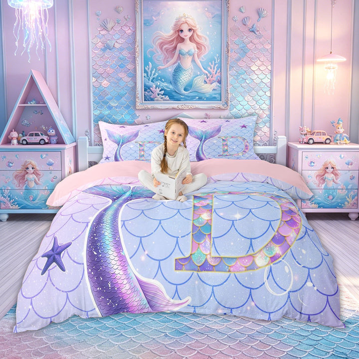 meiyoeat Mermaid Scale D Initial Bedding for Girls, Ocean Starfish Duvet Cover Full, Purple Blue, Pink Reversible 3pcs, 1 Duvet Cover and 2 Pillowcases (No Comforter)
