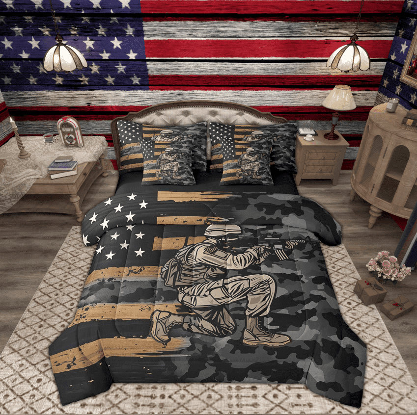 Manfei Vintage American Flag Bedding Full Size, Bed Set, Camhouflage Reversible Bedding Sets Full Size, Microfiber Room Decorative, 7pcs