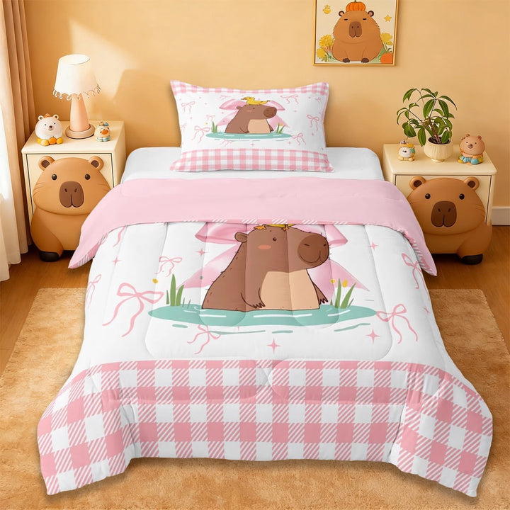 Erosebridal Cute Capybara Twin Comforter Sets,Pink Bowknot Ribbon Bows Bedding Set For Girls Kids ,Reversible Pink 2-Piece