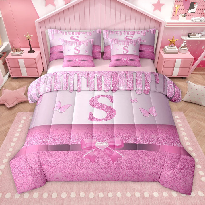 Manfei Letter Monogrammed Initial S Girl 7 Pieces Bedding Comforter Set,Kawaii Bow Butterfly Full Bedding Set Lightweight,Bling Pink Glitter Fitted Sheet Flat Sheet,Lightweight Room Decor