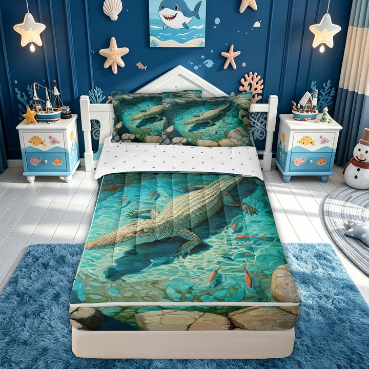 meiyoeat Kawaii Turquoise Crocodile Zipper Comforter Set with Fitted Sheet and 2 Pillowcases for Men Boys, Natural Marine Animal Zipper Bedding Set, Reversible, 3-Piece