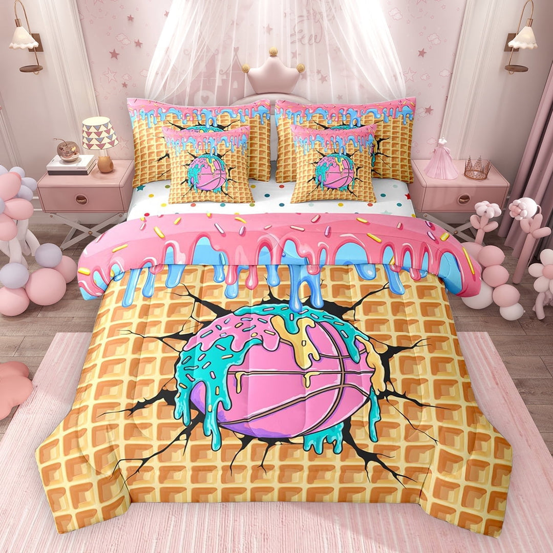 Erosebridal Basketball Sport Twin Bedding Sets for Kids Boys Girls, Ice Cream Drip Waffle Bedding Comforter Set, Colorful Polka Dots Reversible, 7-Piece