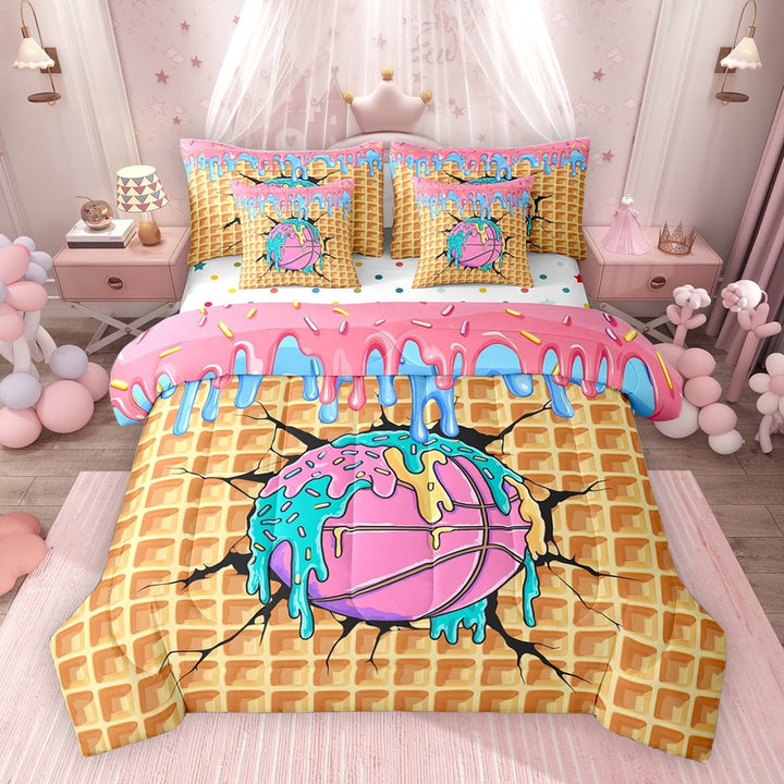 Erosebridal Basketball Sport Twin Bedding Sets for Kids Boys Girls, Ice Cream Drip Waffle Bedding Comforter Set, Colorful Polka Dots Reversible, 7-Piece