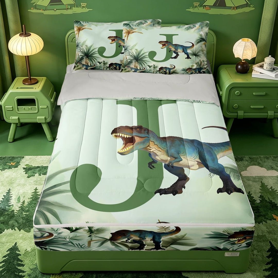 meiyoeat wild Dinosaur Initial J Zipper Full Size Comforter Sets with Fitted Sheet and 2 Pillowcases,Initial Letter Art Zipper Bedding Set,Light Gray Reversible,4-Piece