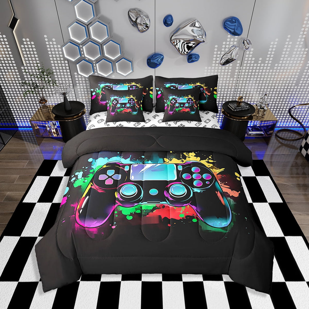 Erosebridal Gamer Comforter Set with Sheets Twin Size Gaming Bed in a Bag Set Teens Modern Game Console Controller 7 Pieces Bedding Set Joystick Room Decor Coal Black