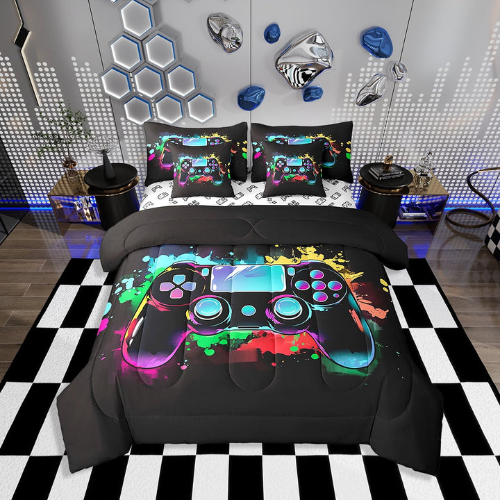Erosebridal Gamer Comforter Set with Sheets Twin Size Gaming Bed in a Bag Set Teens Modern Game Console Controller 7 Pieces Bedding Set Joystick Room Decor Coal Black