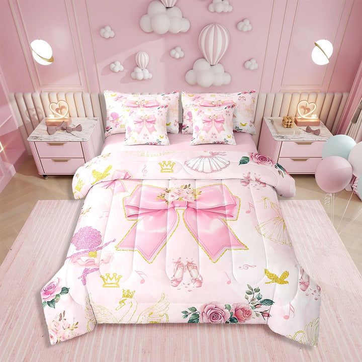 Pink Bowknot Comforter Set 7 Pieces,Dreamy Girly Princess Style Bed Set,Watercolor Flowers Bedding Bed in a Bag Soft,Twin (1 Comforter,2 Pillowcase,2 Pillow Covers,1 Flat Sheet,1 Fitted Sheet)