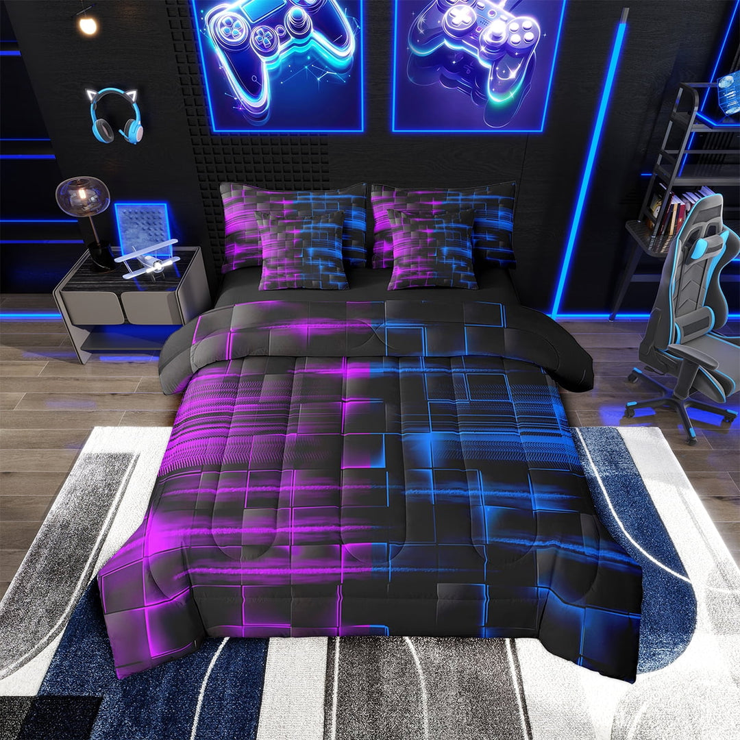 Erosebridal Blue and Purple Comforter Set With Sheets7 piece Twin Size Geometric Bed in a Bag Geometry Strip Lines Bedding Set Abstract Art Bed Set with Comforter,Sheets,Pillowcases
