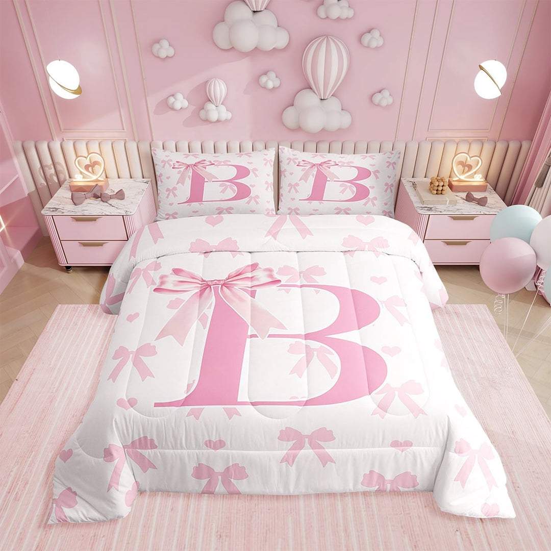 Pink Bow Comforter Set Full Size,Princess Style Bowknot Love Hearts Girly Fairy Bedding Set Young,Initial Letter B Chic Romantic Down Comforter,Kawaii Pink,3 Pcs 2 Pillowcases