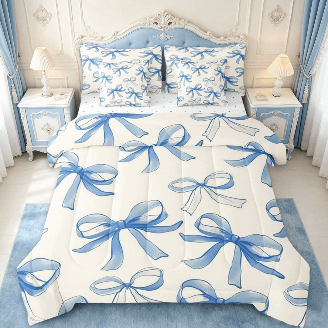 Manfei Blue Bow 7 Pieces Bedding Comforter Set,Cute Bowknot Full Bedding Set For Kids Boys Girls Princess Style Soft Kawaii Bow Tie Bed Set Reversible