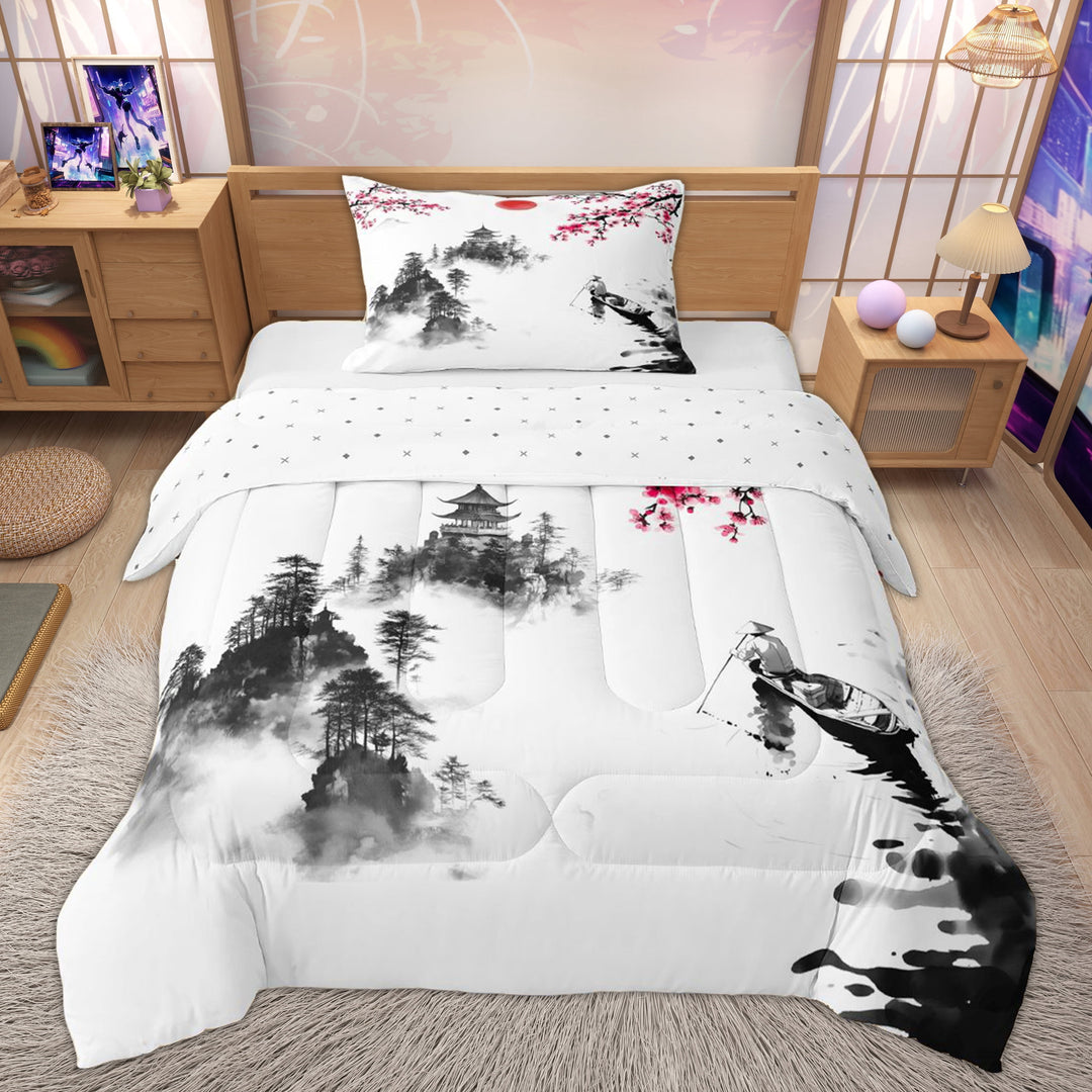 Erosebridal Pink Blossoms Flower Twin Comforter Sets, Tokyo Style Art Bedding Set, 2-Piece