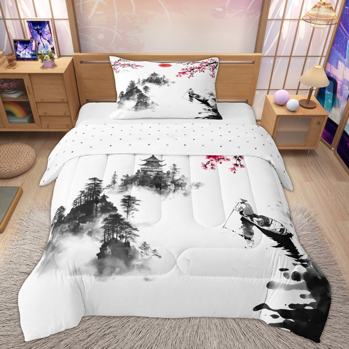 Erosebridal Pink Blossoms Flower Twin Comforter Sets, Tokyo Style Art Bedding Set, 2-Piece