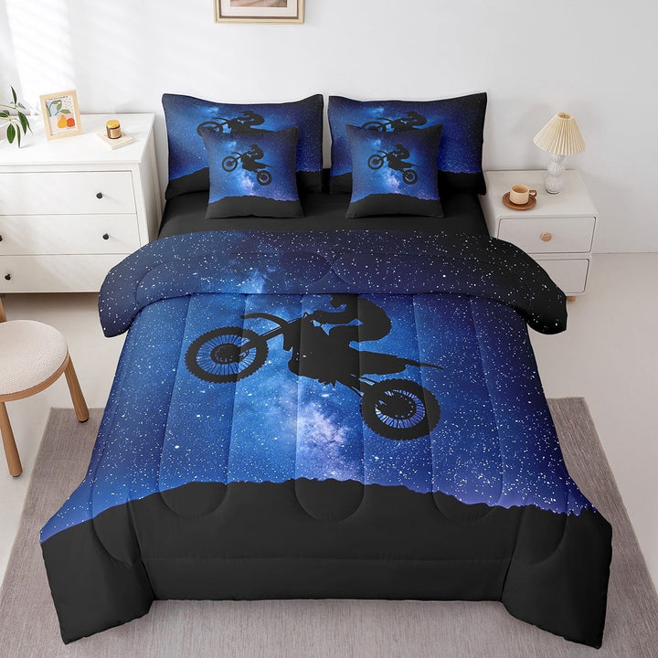 Erosebridal Dirt Bike Sport Bedding Sets Twin Size, Black Navy Blue Bed Set, Reversible 7-Piece