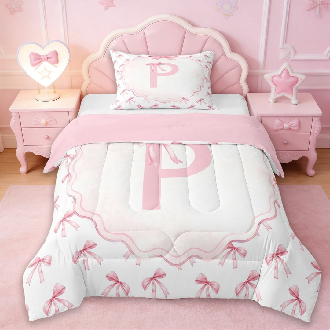 Erosebridal Kids Bowknot Personalized Gifts Twin Comforter Sets,Kawaii Bowtie Theme Alphabet P Bedding Set For Girls,Reversible pink,2pcs