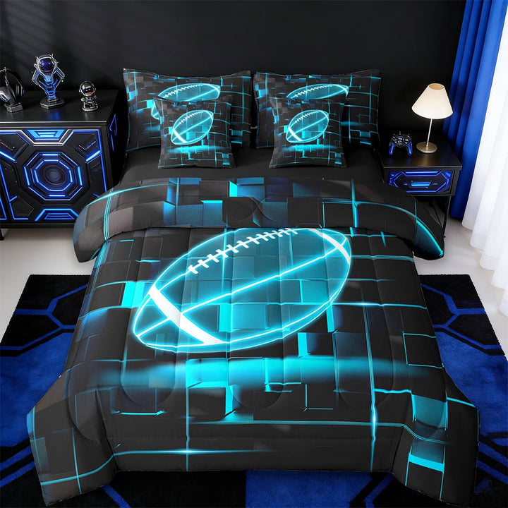 Erosebridal Ball Games Bedding Twin Size,Rubgy Sport Bedding Twin Size,Neon Light Ombre Blue Geometry Bedding Sets Twin Size For Girls,Super Cozy Room Decoration Reversible,7pcs