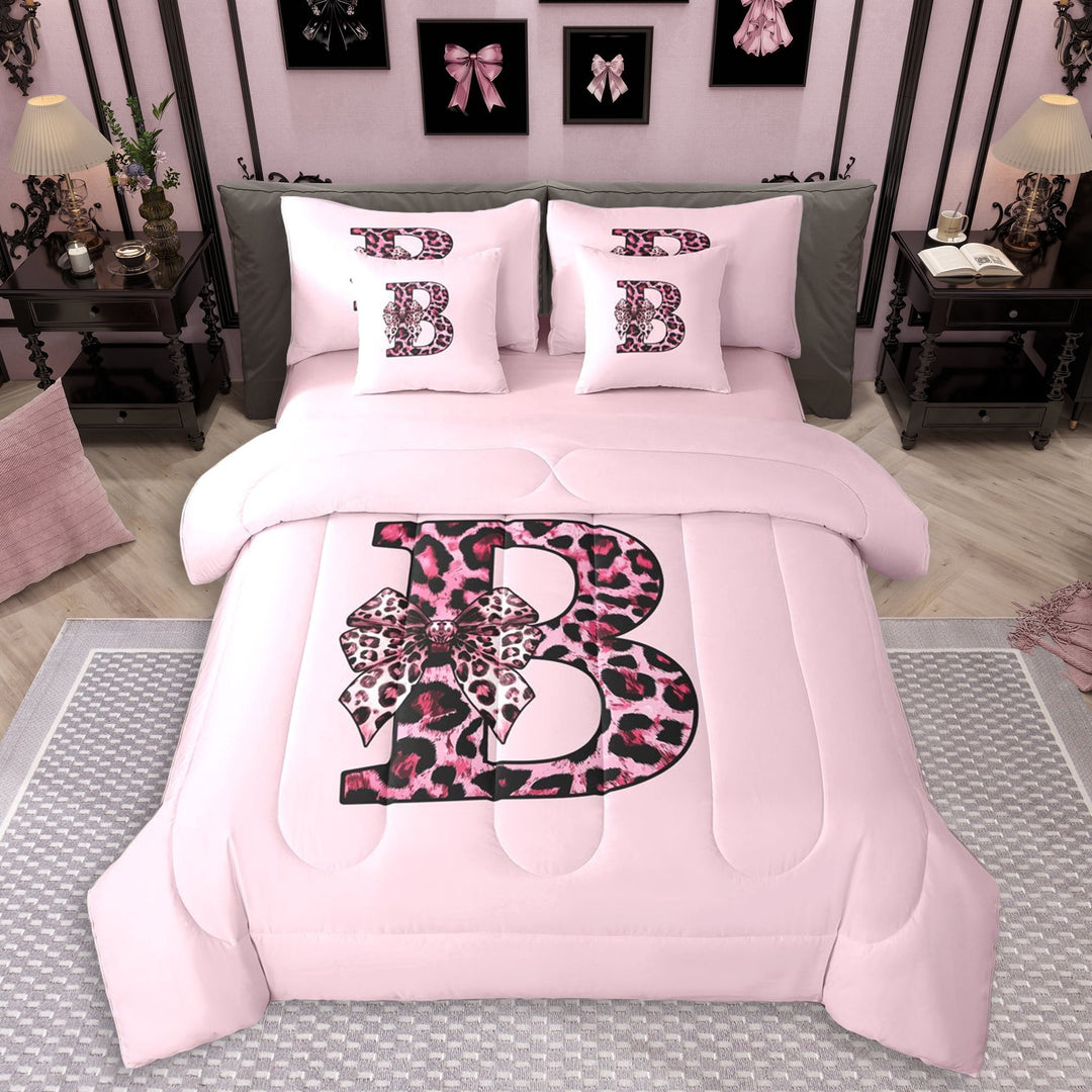 Erosebridal Kawaii Cheetah Print Bow Girl Twin Bedding Sets 7-Piece,Girls Teens Leopard Print Letter Monogrammed B Bedding Comforter Set,Pink Reversible