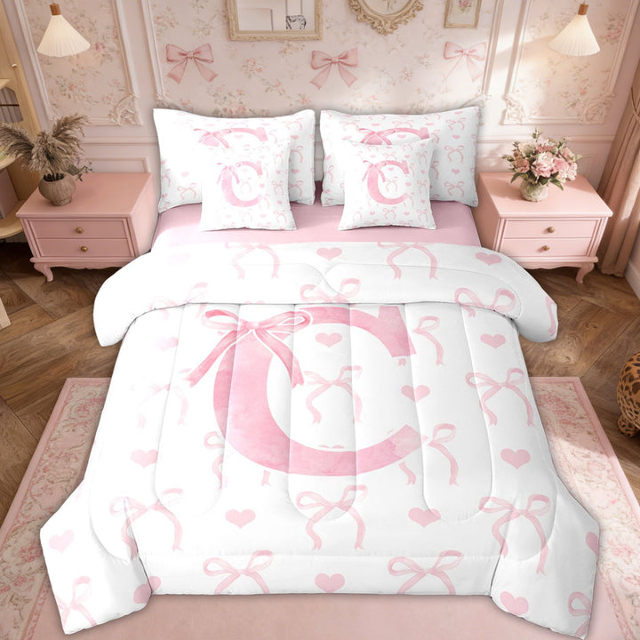 Erosebridal Pink Bow Bedding Sets Twin Size, Initial Letter C Comforter Sets with Sheets, Princess Bowknot Decor, Reversible 7-Piece