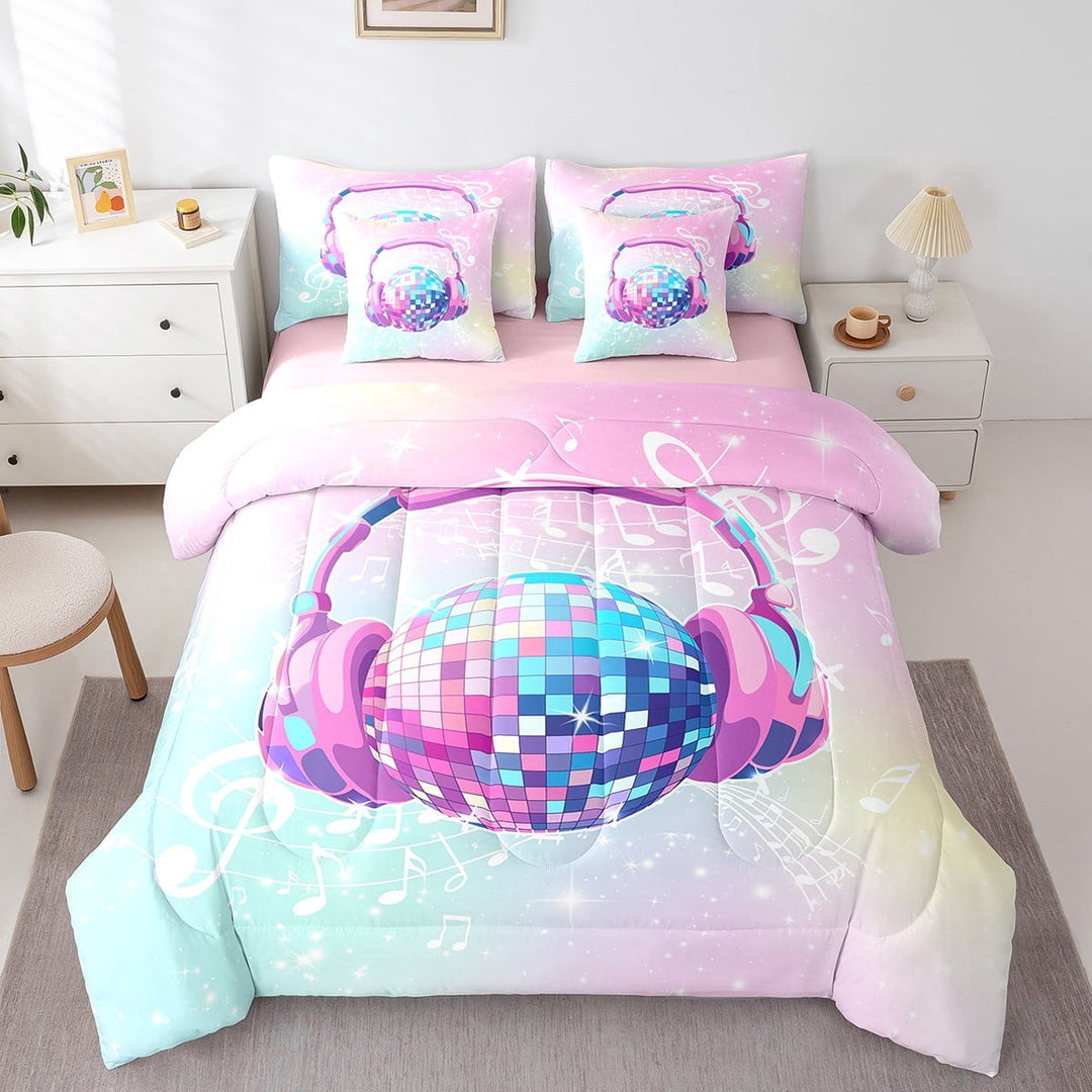 Erosebridal Disco Ball Bedding Queen Size,Music Melody Bedding Sets Queen Size,Bling Stars Comforter Sets with Sheets,Lightweight Girls Bedroom Decor,Reversible,7 Pieces