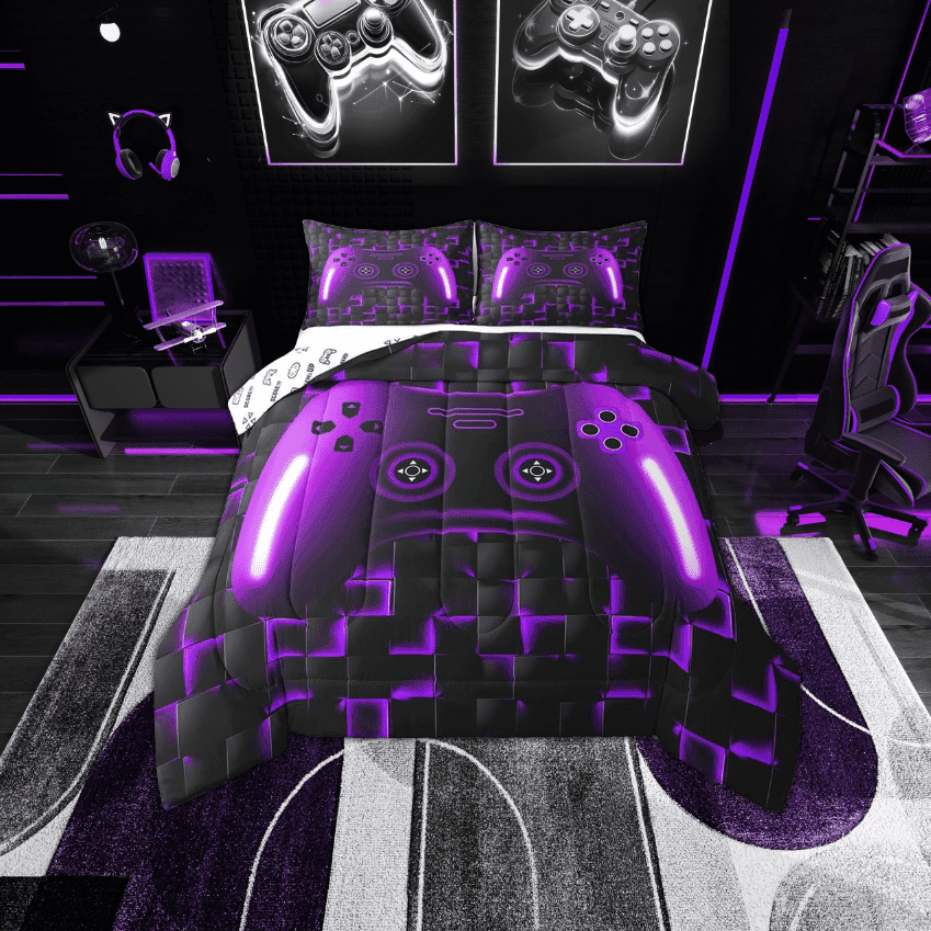 Gaming Full Size Bedding Sets Teen Game Controller Comforter Set 3Pcs Gamer Bedding For All Season,Purple And Black Geometric Checkered Quilt Set For Young Men,Soft Lightweight