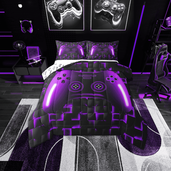Gaming Full Size Bedding Sets Teen Game Controller Comforter Set 3Pcs Gamer Bedding For All Season,Purple And Black Geometric Checkered Quilt Set For Young Men,Soft Lightweight