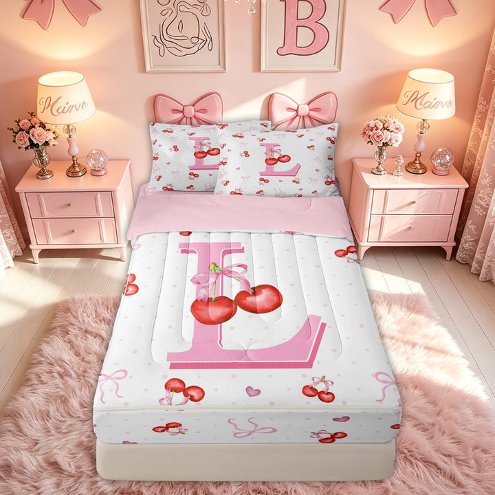meiyoeat Cherry Letter L Zipper Twin Comforter Sets with Fitted Sheet and 2 Pillowcases for Girls Kids, Fruit Bow Zipper Bedding Set, Pink, Pink Reversible, 4-Piece