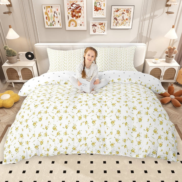 Erosebridal Yellow Floral Duvet Cover Set for Girls, Chic Flower Bedding Full, Reversible, 3pcs 1 Duvet Cover and 2 Pillowcases, No Comforter