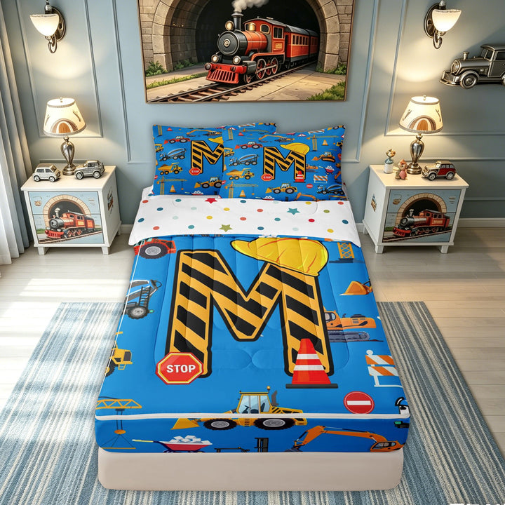 meiyoeat Construction M Initial Hard Hat Zipper Comforter Set with Fitted Sheet and 2 Pillowcases, Cartoon Truck Zipper Bedding Set for Boys Girls, Blue, Polkadot Reversible, 3-Piece