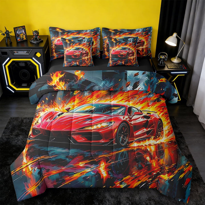 Erosebridal Red Racing Car Bedding Sets Twin Size,Extreme Sport Games Comforter Sets with Sheets,Fire Flame Bed in a Bag Twin Size For Teens,Super Cozy Room Decoration Reversible,7-Piece