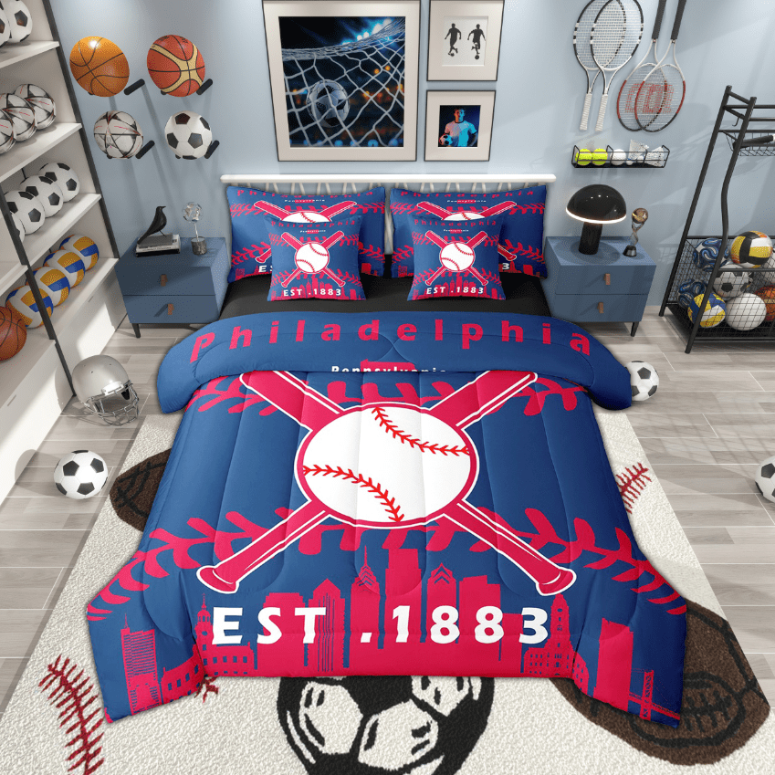 7 Pcs Comforter Set Twin Size,Sports Bed in a Bag with Flat Sheet and Fitted Sheet and Adults,Baseball Bedding Set with Pillowcase and Sham(Philadelphia)