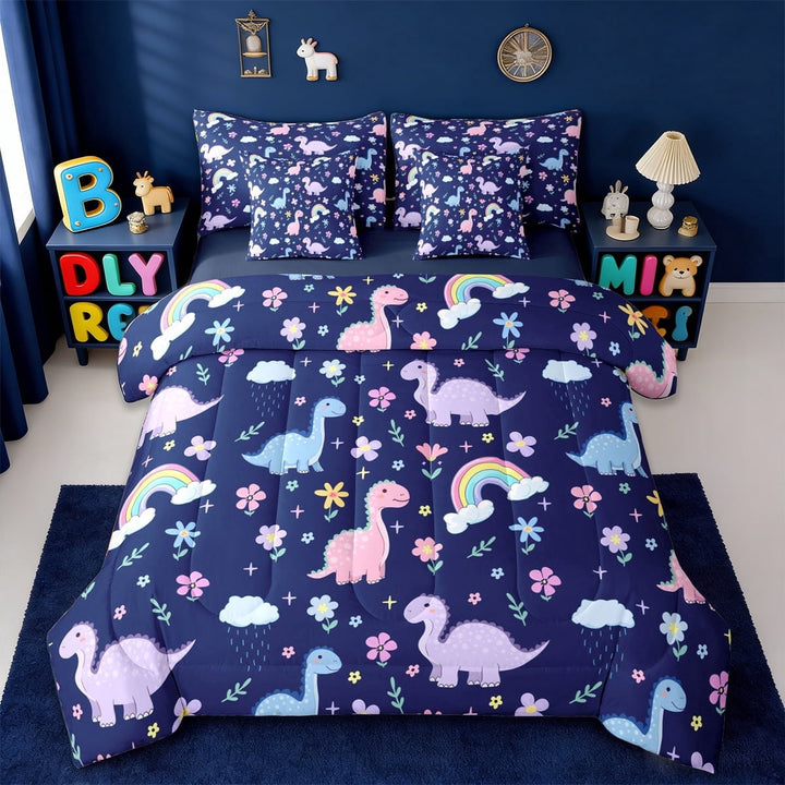 Erosebridal Kawaii Rinbow Dinosaur 7-Piece Twin Bedding Sets,Cartoon Dino Cute Flowers Blossom Bedding Comforter Set For Girls,Reversible