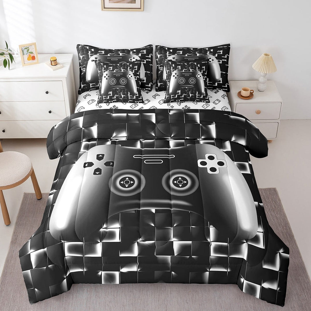Gaming Bed In A Bag 7 Piece Teens Game Bedding Set Gamer Comforter Set For All Season Gamepad Room Decor Bed Set Twin,Neon Black White Grey Sheet Set