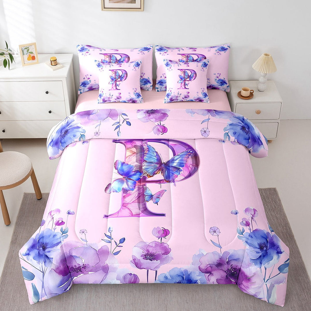 Erosebridal Butterfly Bed in a Bag Twin Size,Personalized Letter P Bed Set,Pink Purple Flower Bedding Twin Size For Girl,Microfiber Room Decoration Reversible,7 Pieces