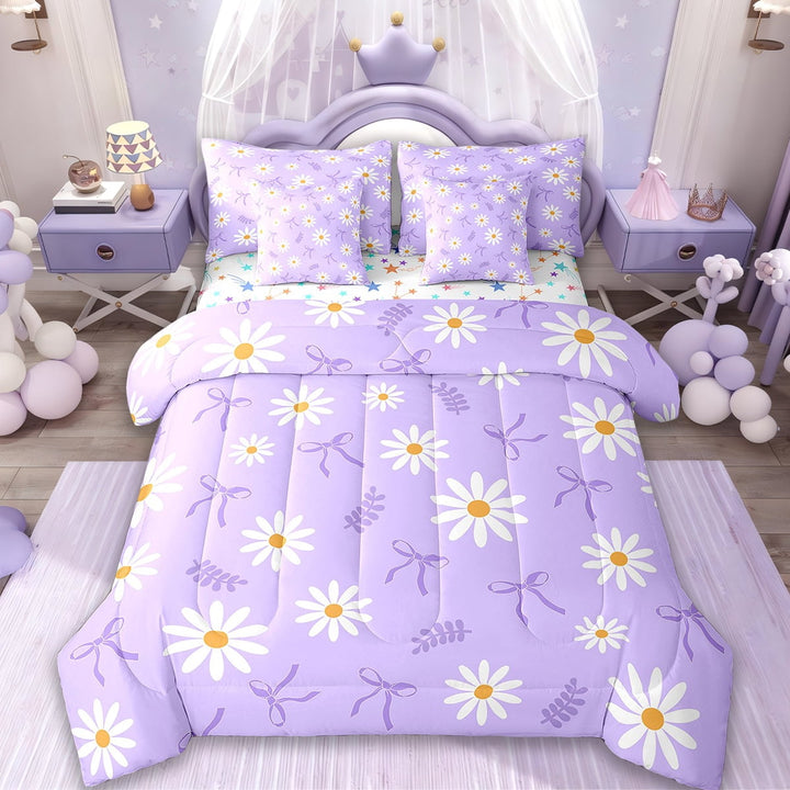 Erosebridal Cute Floral Daisy Bed in a Bag Queen Size,Purple Bowknot Bed Set,Plant Leaf Bedding Queen Size For Girls,Super Cozy Room Decoration Reversible,7 Pieces