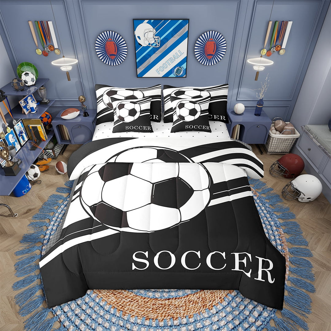 Erosebridal Boys Soccer Comforter Set Twin 7 Pcs,Football Black White Geometric Stripes Bedding Set For Kids,Soccer Ball Game Sports Theme Bed In A Bag With Comforter Sheets