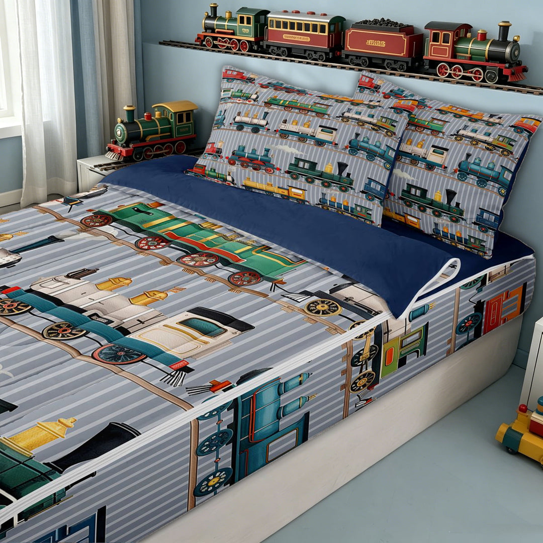 meiyoeat Vintage Steam Train Zipper Full Size Comforter Sets with Fitted Sheet and 2 Pillowcases for Kids Boys, Retro Locomotive Car Zipper Bedding Set, Multicolor Gray, Blue ReversibleB