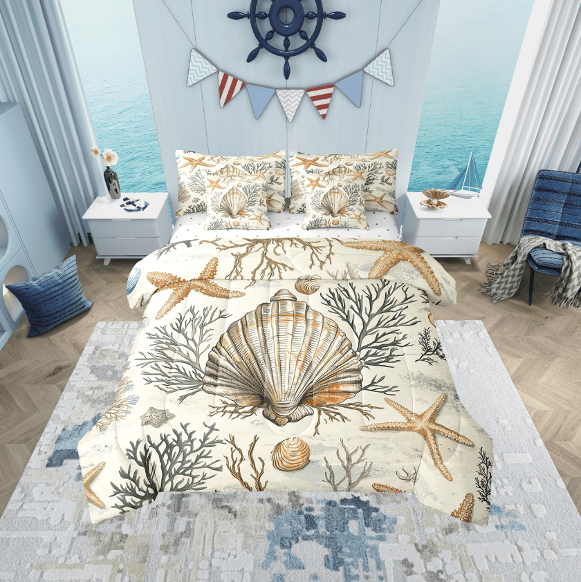 Erosebridal Marine Seashell Bedding Sets Twin Size, Retro Sealife Comforter Sets with Sheets, Starfish Coral Bed Set, Lightweight Room Decorative, 7pcs
