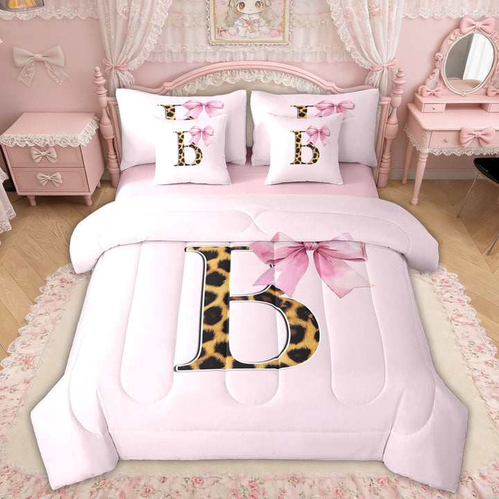 Erosebridal Princess Pink Bow Twin Bedding Sets, Cartoon Initial B Bedding Comforter Set for Girls Kids, Pink Reversible, 7pcs