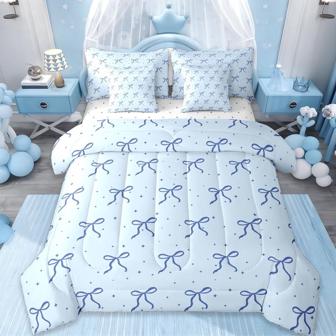 Erosebridal Dreamy Princess Style 7-Piece Twin Bedding Sets,Blue Cute Bow Tie Bedding Comforter Set For Bowknot Lovers,Reversible