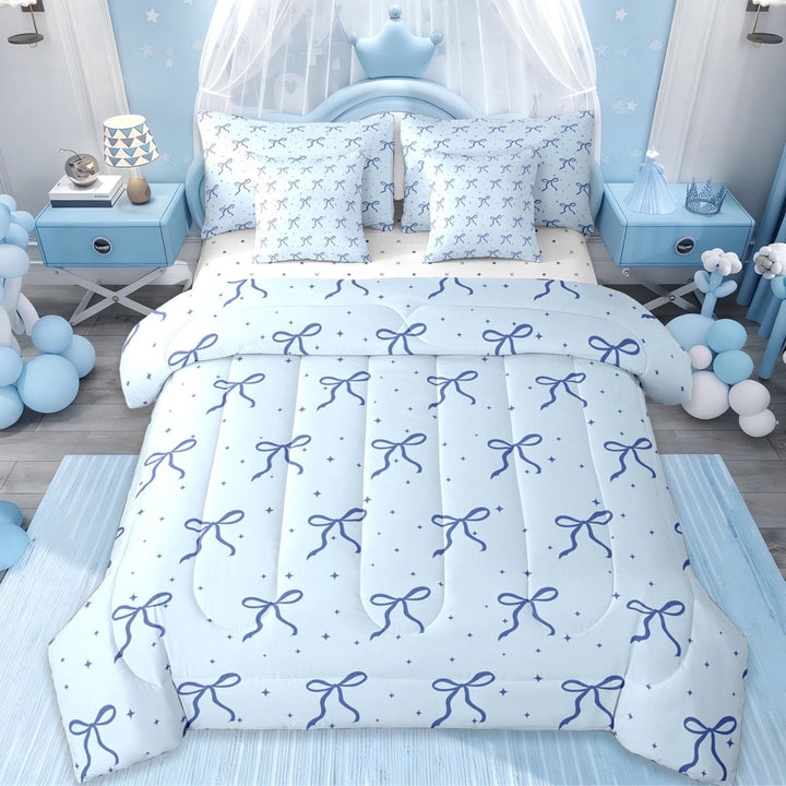 Erosebridal Dreamy Princess Style 7-Piece Twin Bedding Sets,Blue Cute Bow Tie Bedding Comforter Set For Bowknot Lovers,Reversible