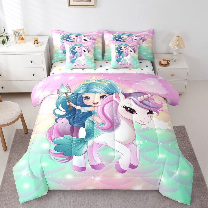 Cartoon Mermaid Bed in a Bag King Size Comforter Set 7 Pieces,Rainbow Unicorn Horse Bedding Sets Gradient Pink Fish Scale Sheet Set with Comforter
