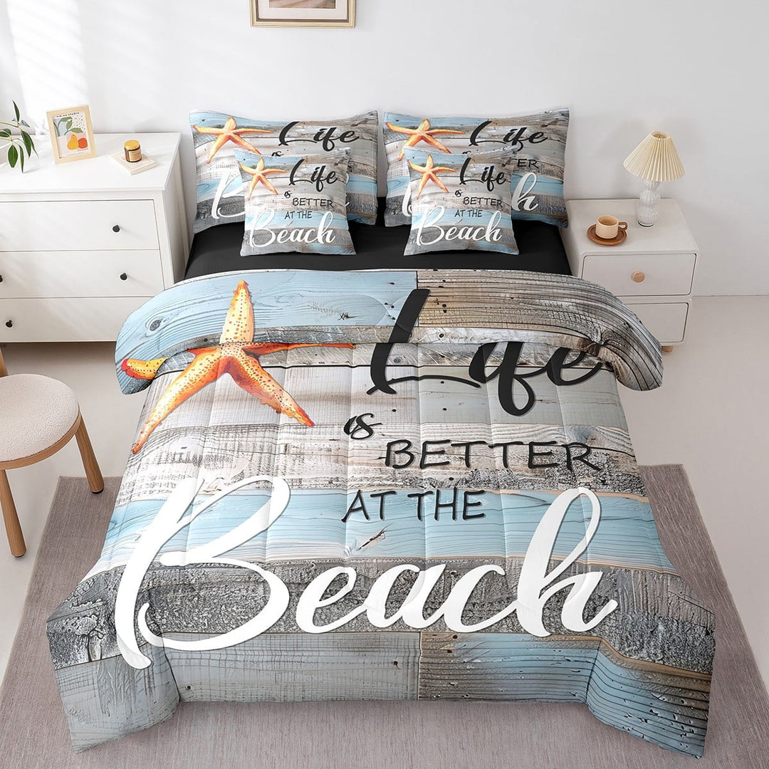 Tropical Hawaii Beach Bed in a Bag 7 Pieces Coastal Starfish Bedding Set, Summer Holiday Gifts King Size Comforter Set Beach House Decor Bedding Comforter Sets, Blue Grey Bed Set