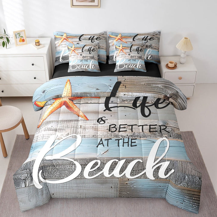 Tropical Hawaii Beach Bed in a Bag 7 Pieces Coastal Starfish Bedding Set, Summer Holiday Gifts King Size Comforter Set Beach House Decor Bedding Comforter Sets, Blue Grey Bed Set