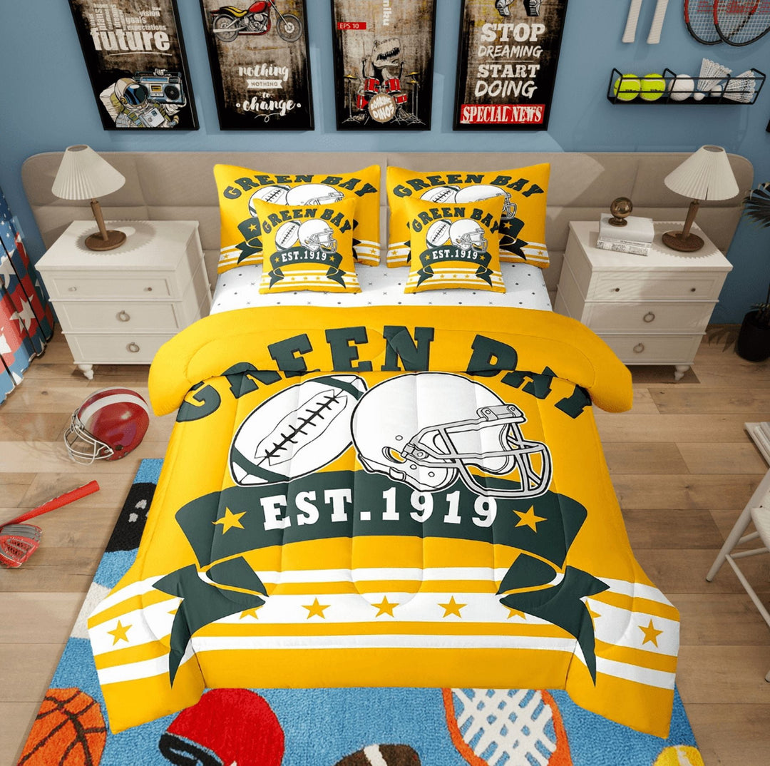 Sports Fans Gifts Bedding Twin, 7-Piece American Football City Comforter Set Adults - 1 Comforter, 1 Flat Sheet 1 Fitted Sheet 2 Pillowcases 2 Throw Pillow Covers (Green Bay)